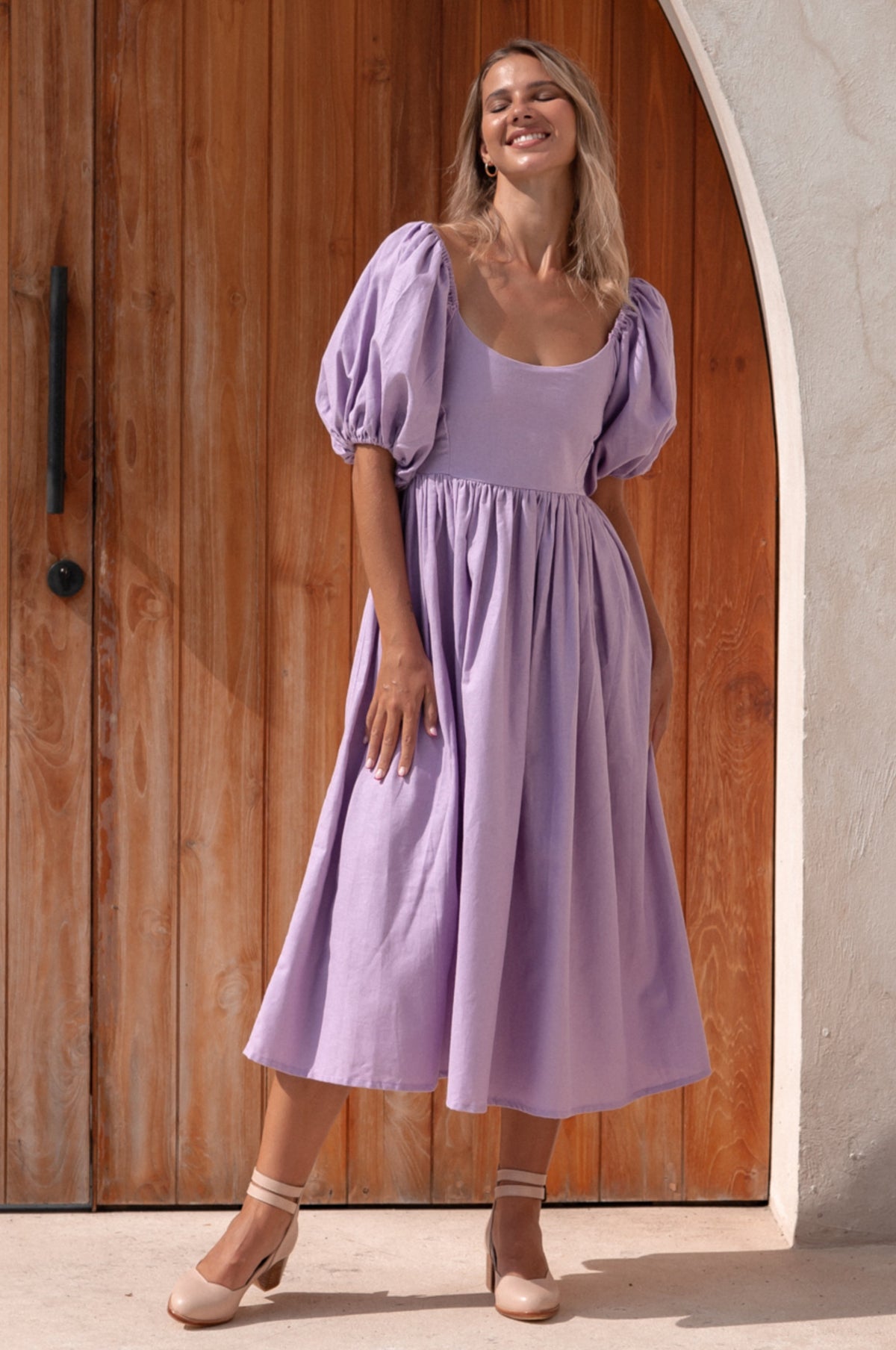 Full view of Cherie Puff Sleeve Midi dress- lavender