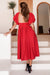 Full view of the back of Cherie Puff Sleeve Midi dress-red