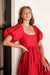 zoom in view of Cherie Puff Sleeve Midi dress-red