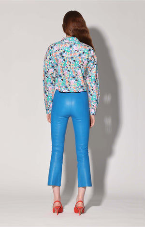 View of the back of Lori Pant, Bright Blue - Stretch Leather