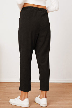 Back view of Pocketed Elastic Waist Pants-black