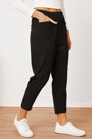 Side view of Pocketed Elastic Waist Pants-black