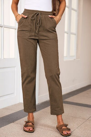 front view of Drawstring Straight Pants with Pockets-coffee brown
