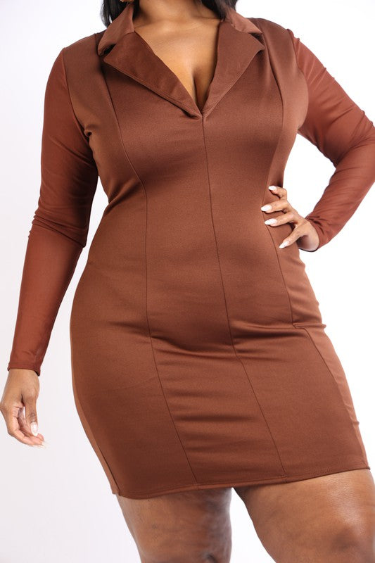 close up view of Collared bodycon dress with mesh sleeve