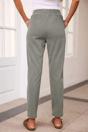 Back view of Drawstring Straight Pants with Pockets-gray