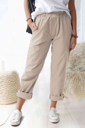 Paperbag Waist Pull-On Pants with Pockets-khaki