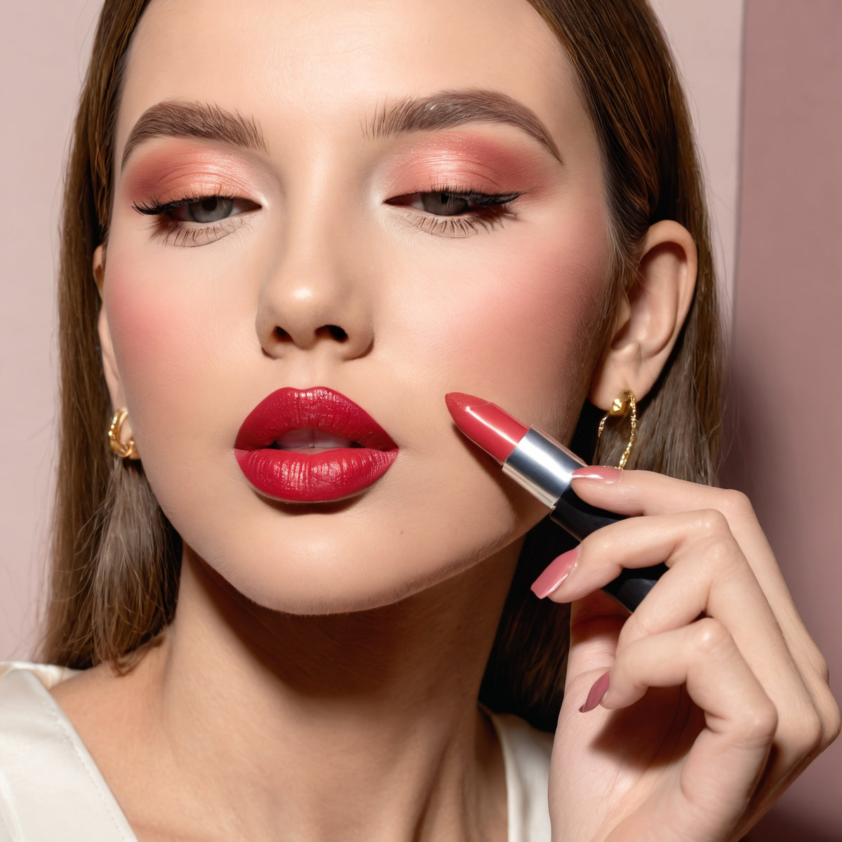A woman with a lot of make up on and she is holsing lipstick close to her cheek