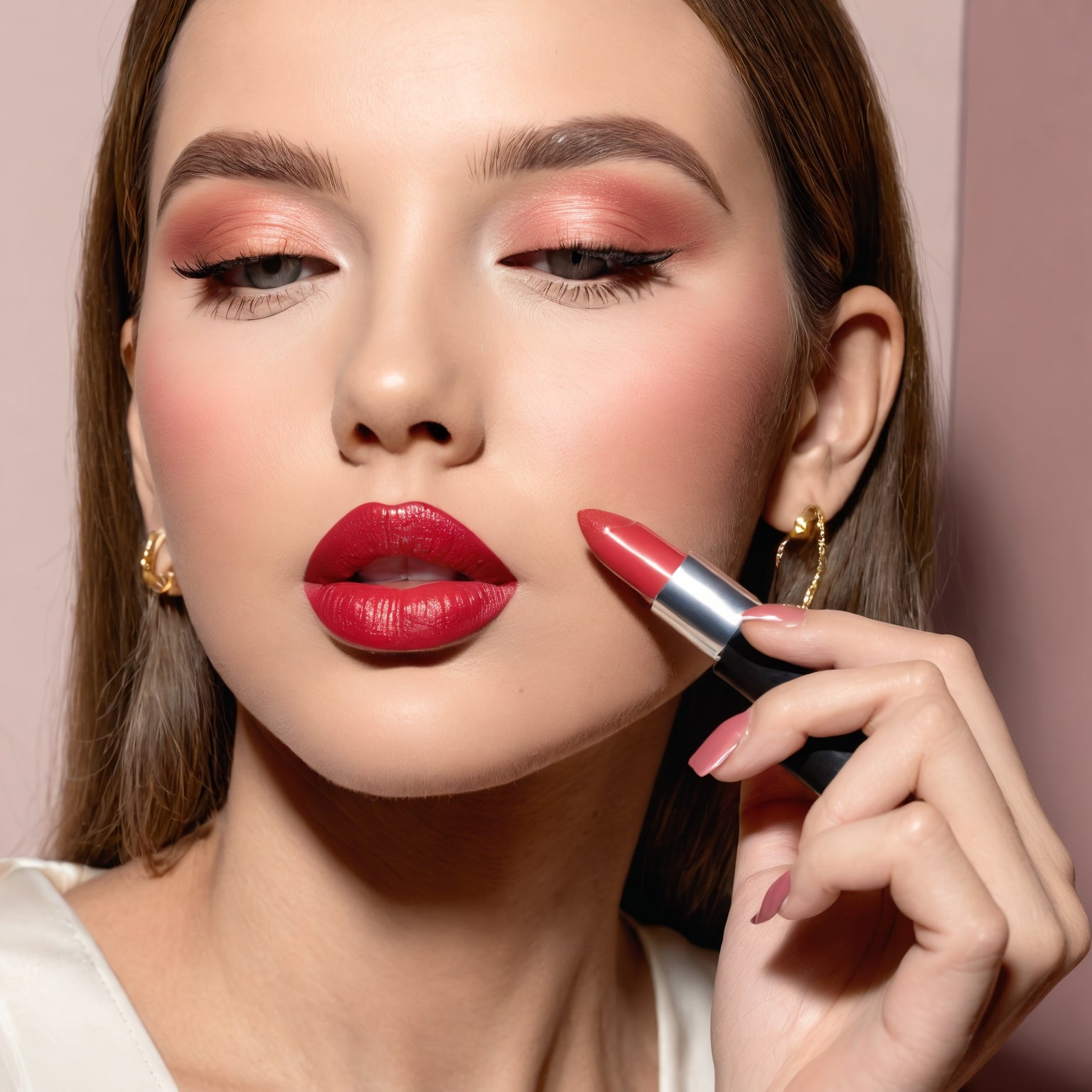 A woman with a lot of make up on and she is holsing lipstick close to her cheek