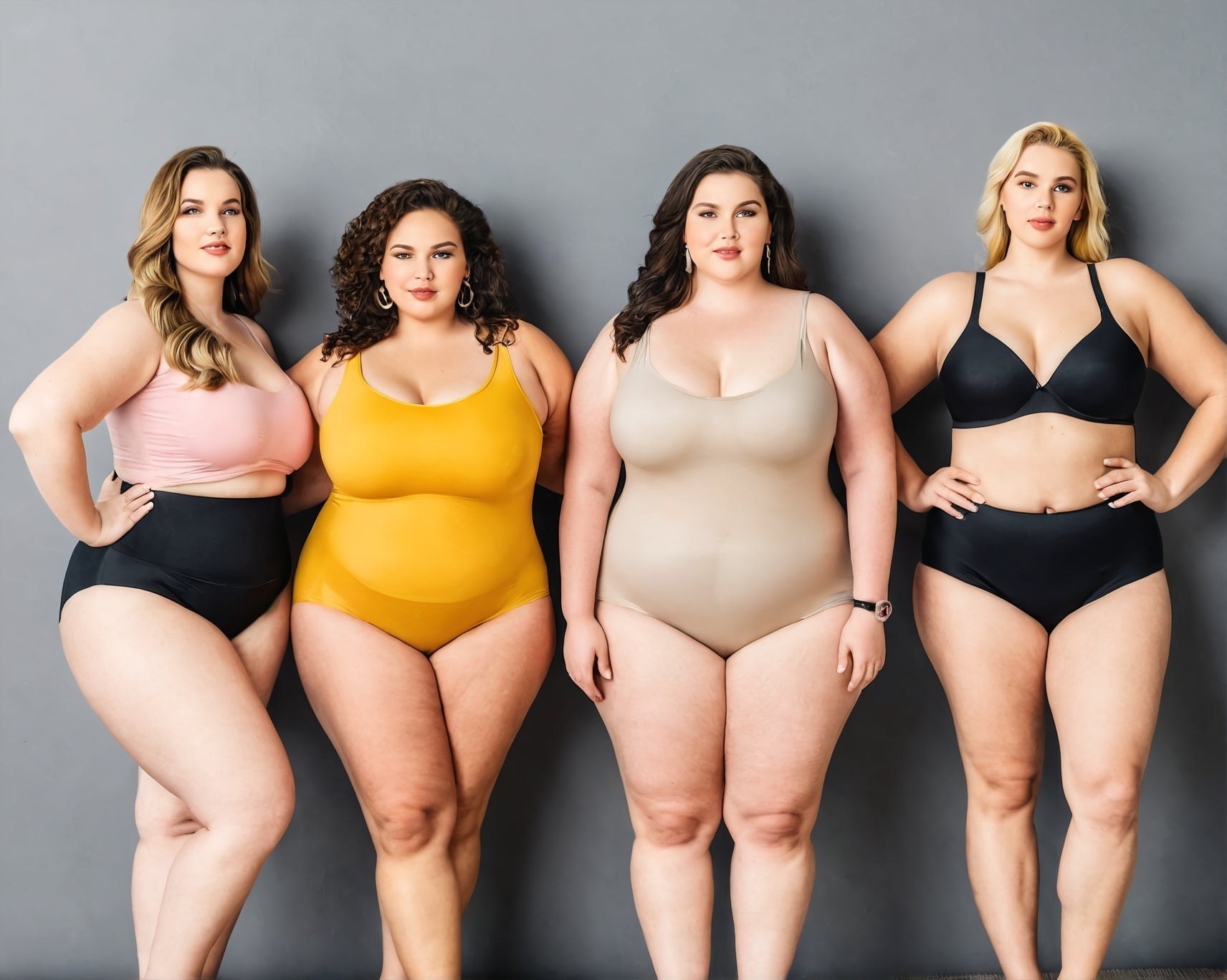 A picture of four plus size women posing in bodysuits 