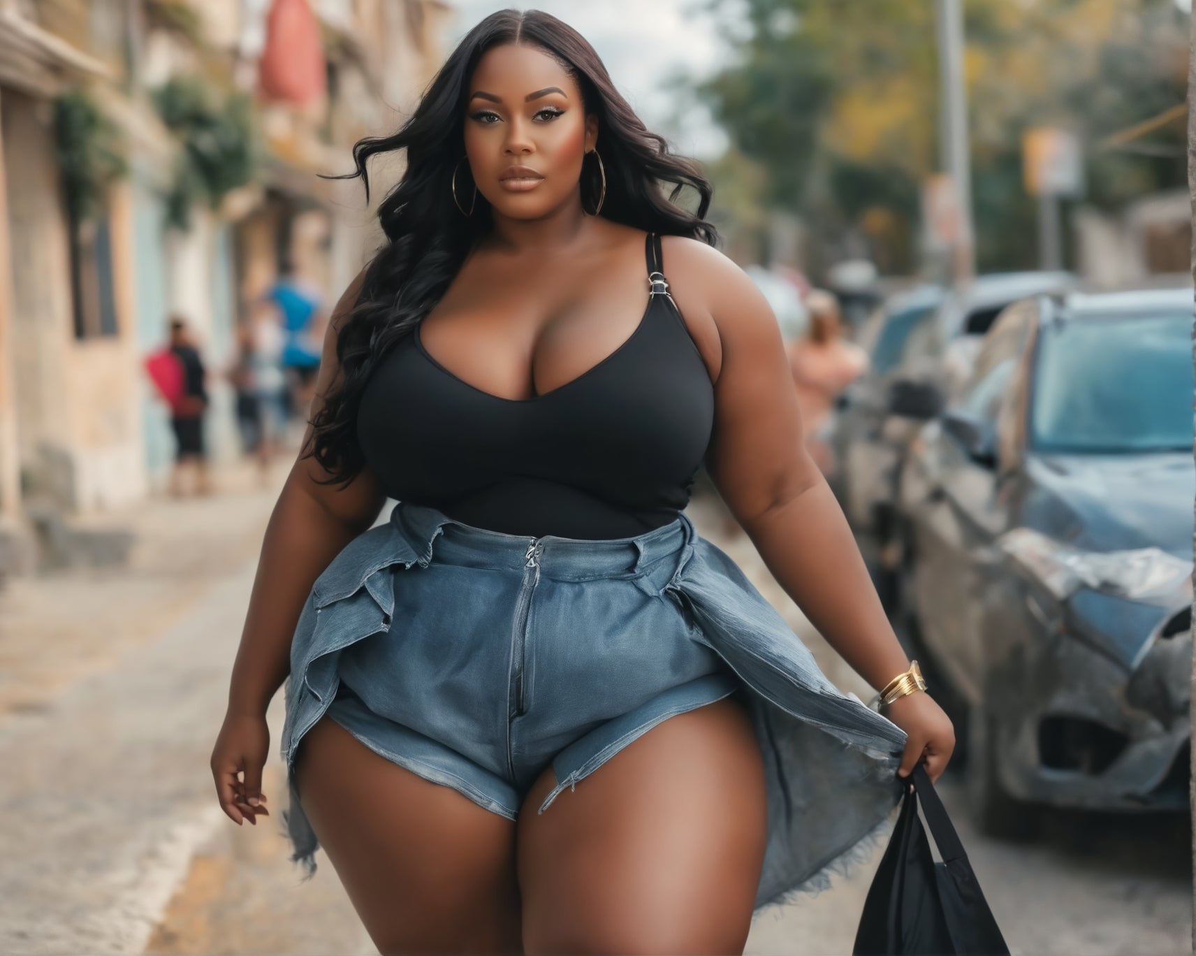 Ablack lady walking on the city sidewalk with confidence