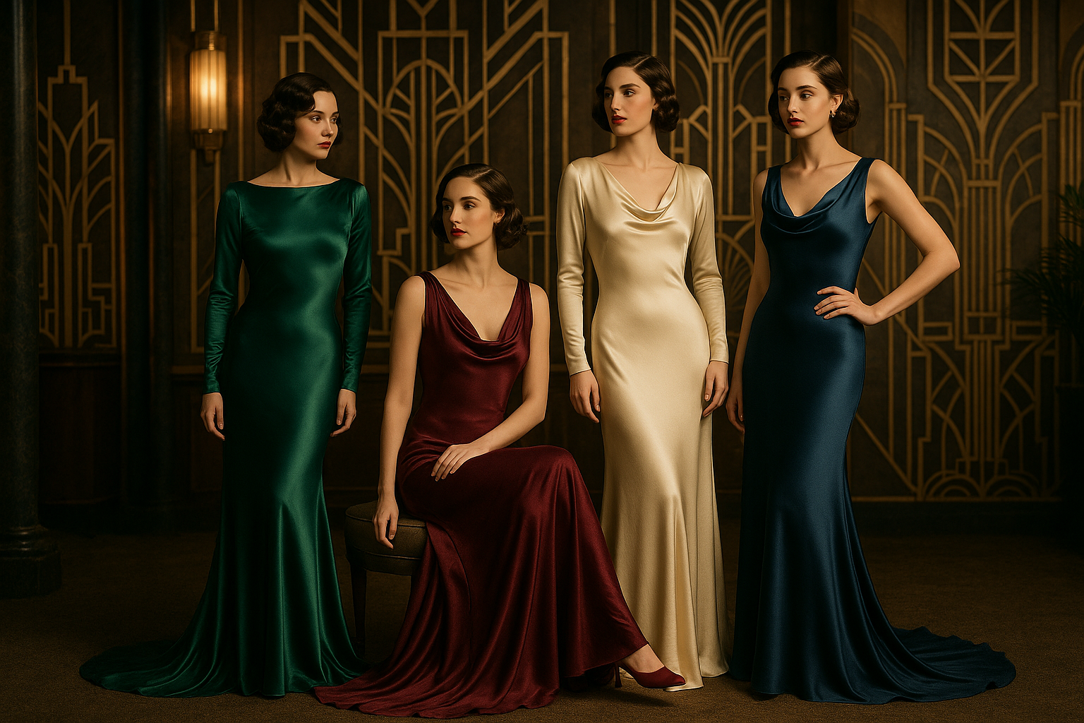 four women wearing long ventage dresses