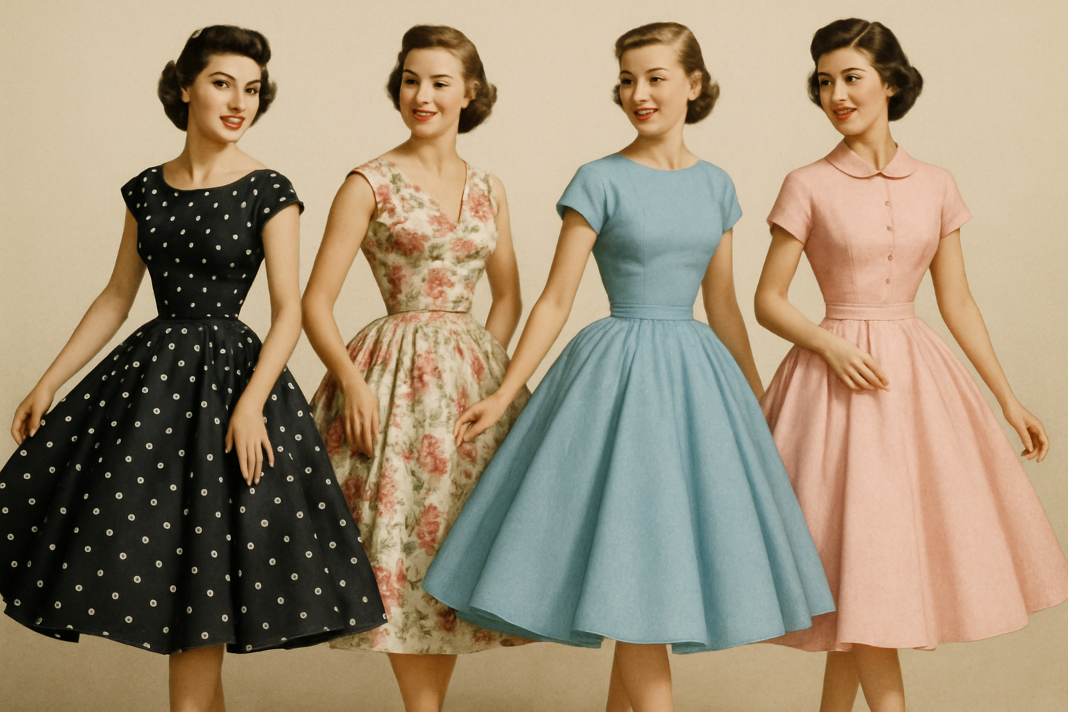 Four women wearing different dresses