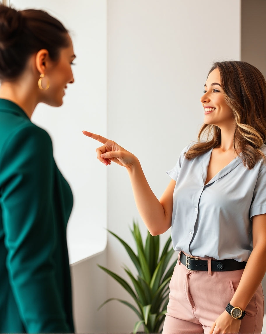 One woman pointing out another woman's outfit