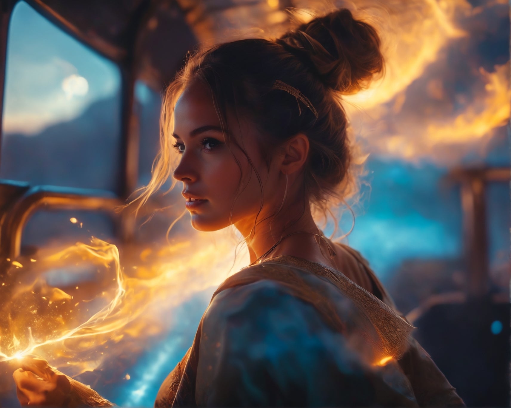 A picture of a woman with a strong ray of light shining on her face