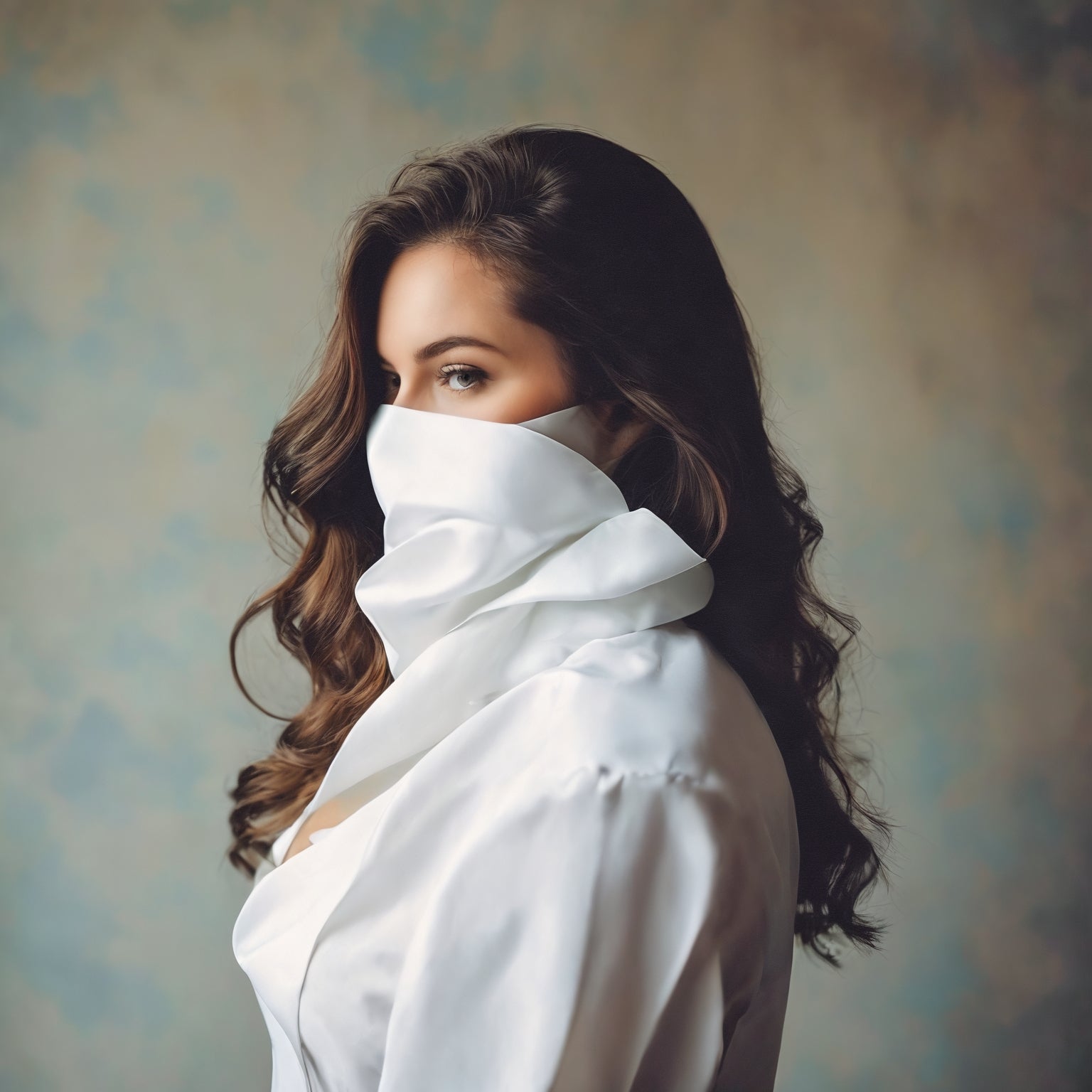 Woman covering her face with a white cloth 