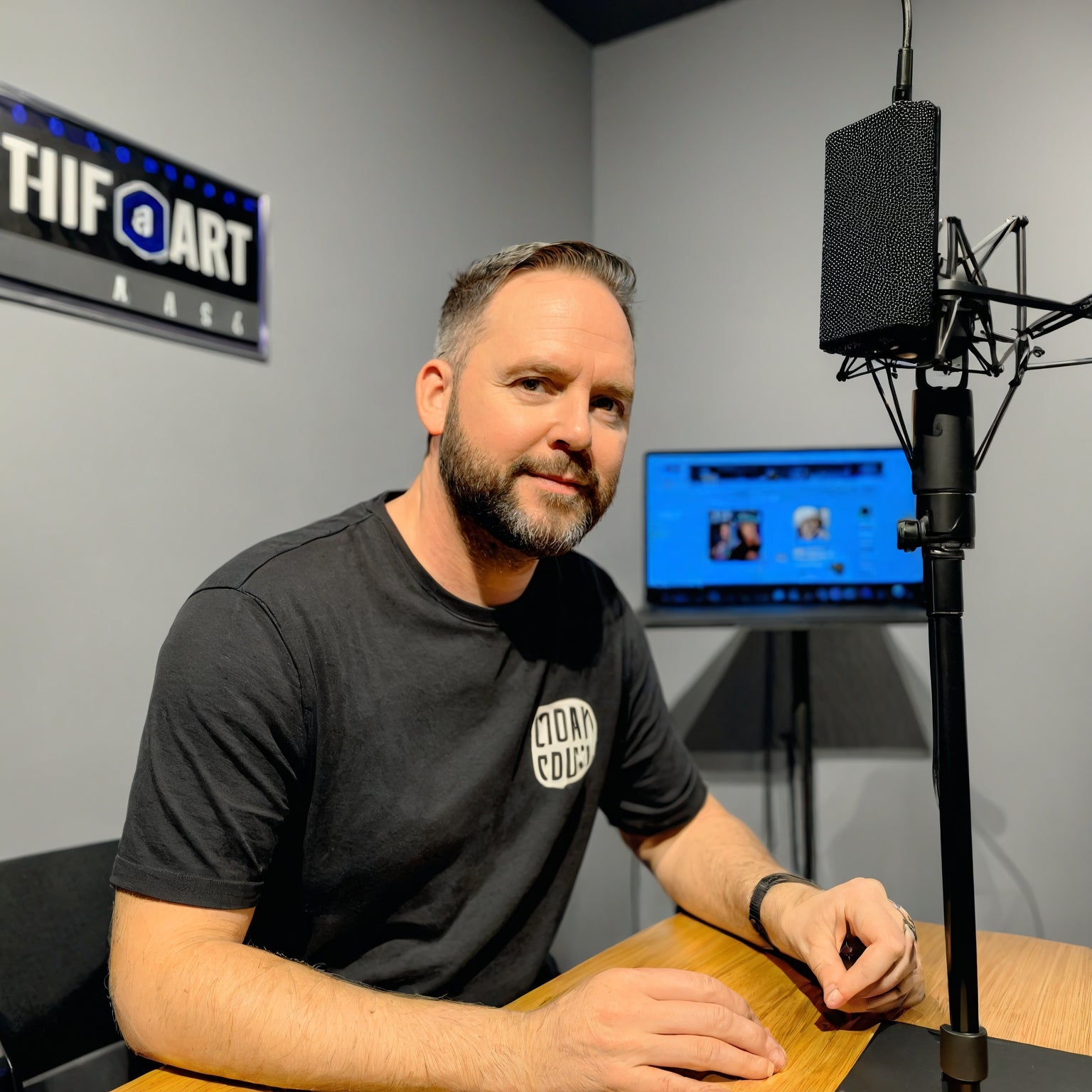 Man with a mic in front of him doing a podcast