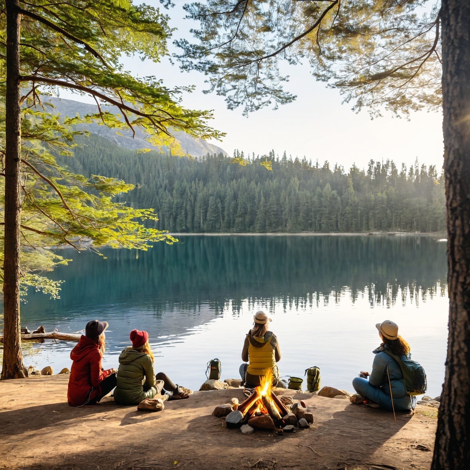women at a lake by a fire camping in the woods