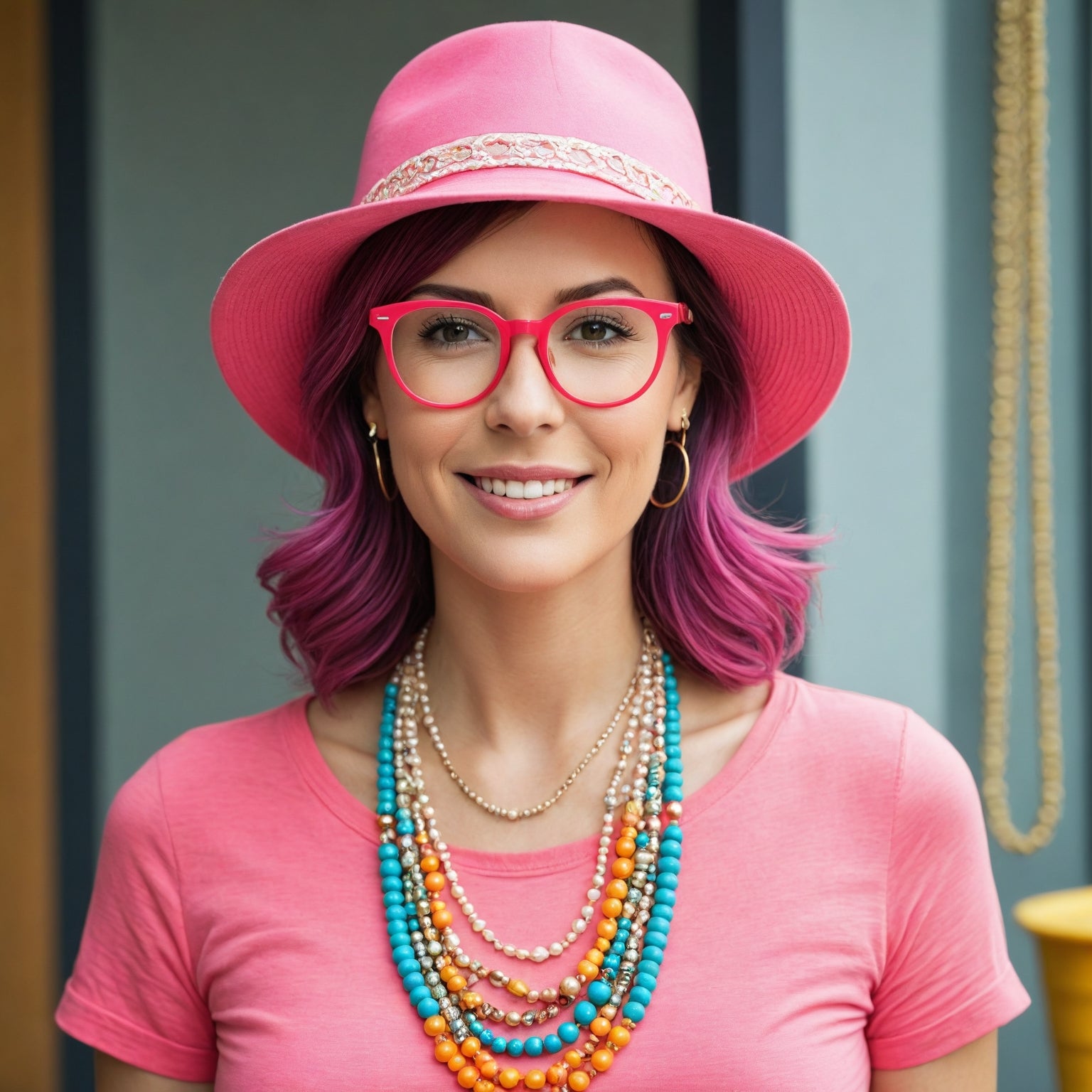 A woman wearing a pink hat pink glasses and a pink t shirt with several beaded necklaces
