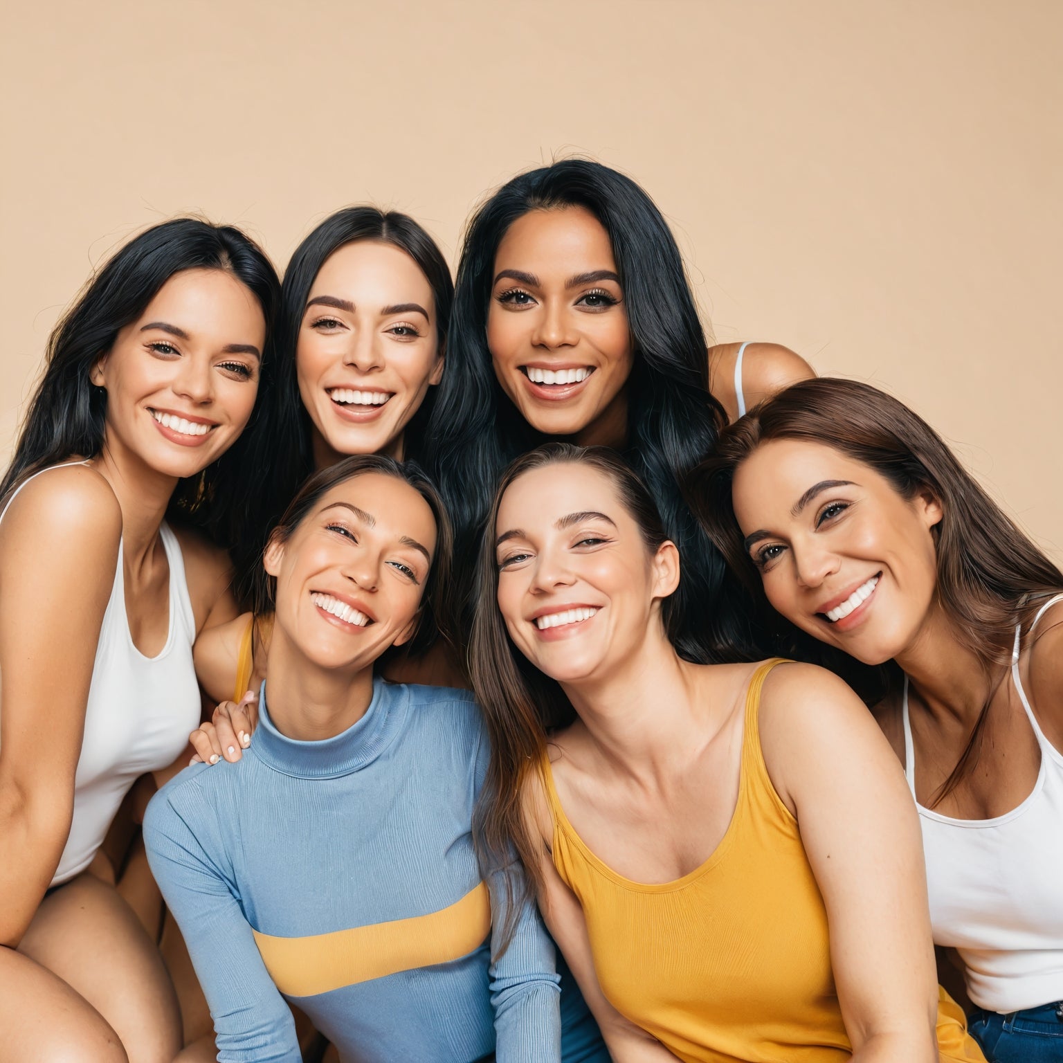 Six women come together looking happy