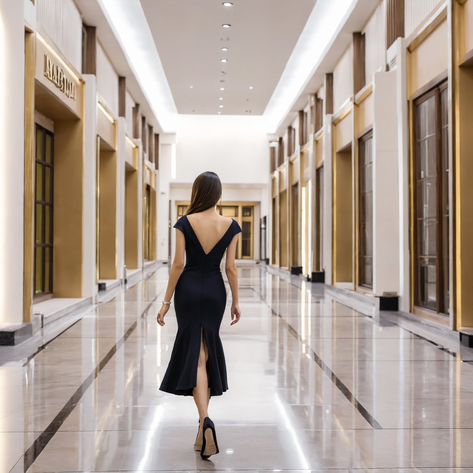 A woman walking down a long hallway wearing a black dress and black high heels 