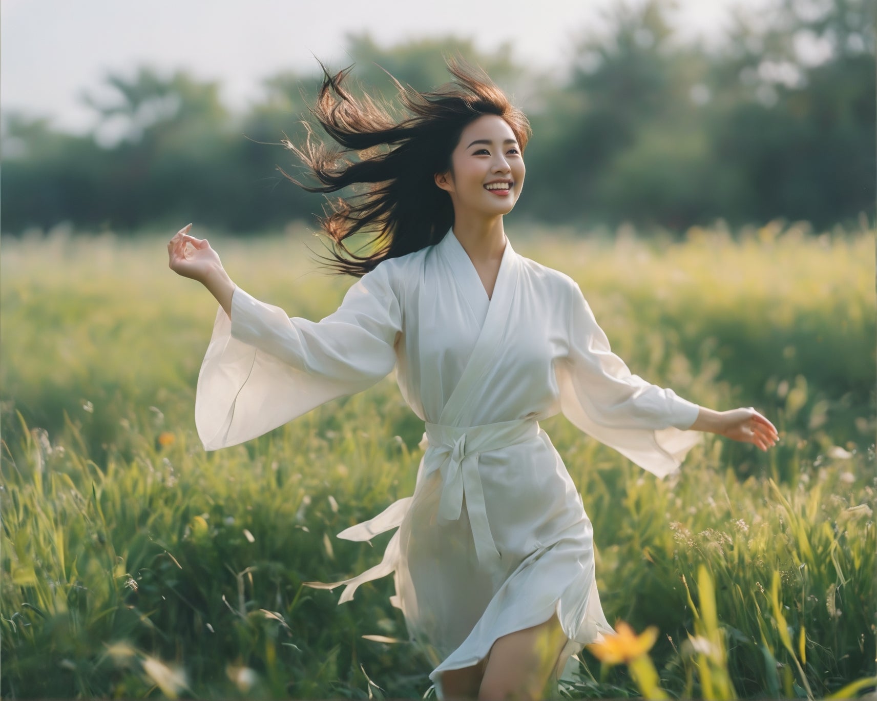 A Chinese woman running through a field
