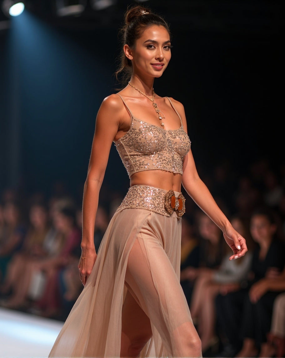 A woman wearing a brown sheer cropped top and long brown skirt with a slit up the side walking in a fashion show
