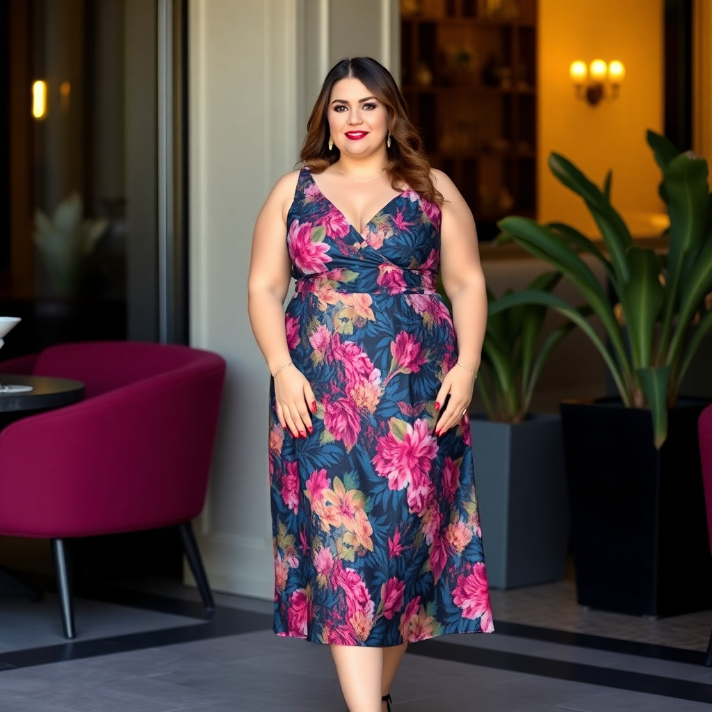 A woman in the lobby of a building wearing a dress with flowers on it