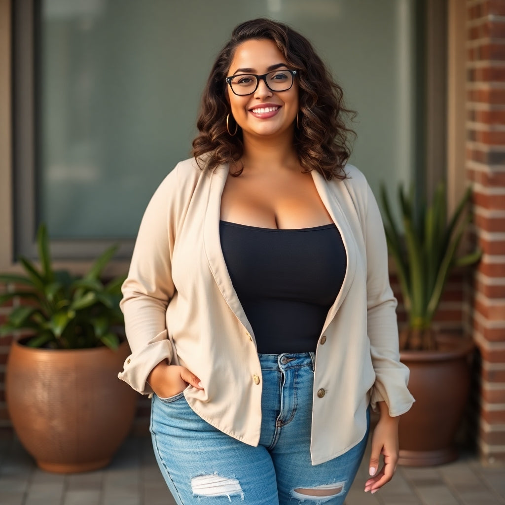 A picture of the confident plus size woman wearing jeans and a long sleeve shirt
