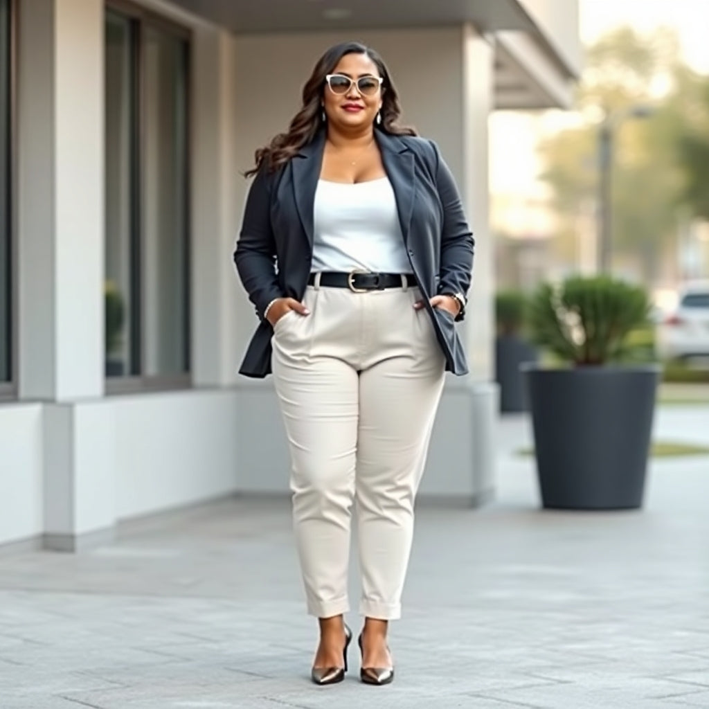 Woman outside a office building wearing a black leather jacket, white blouse and beige pants