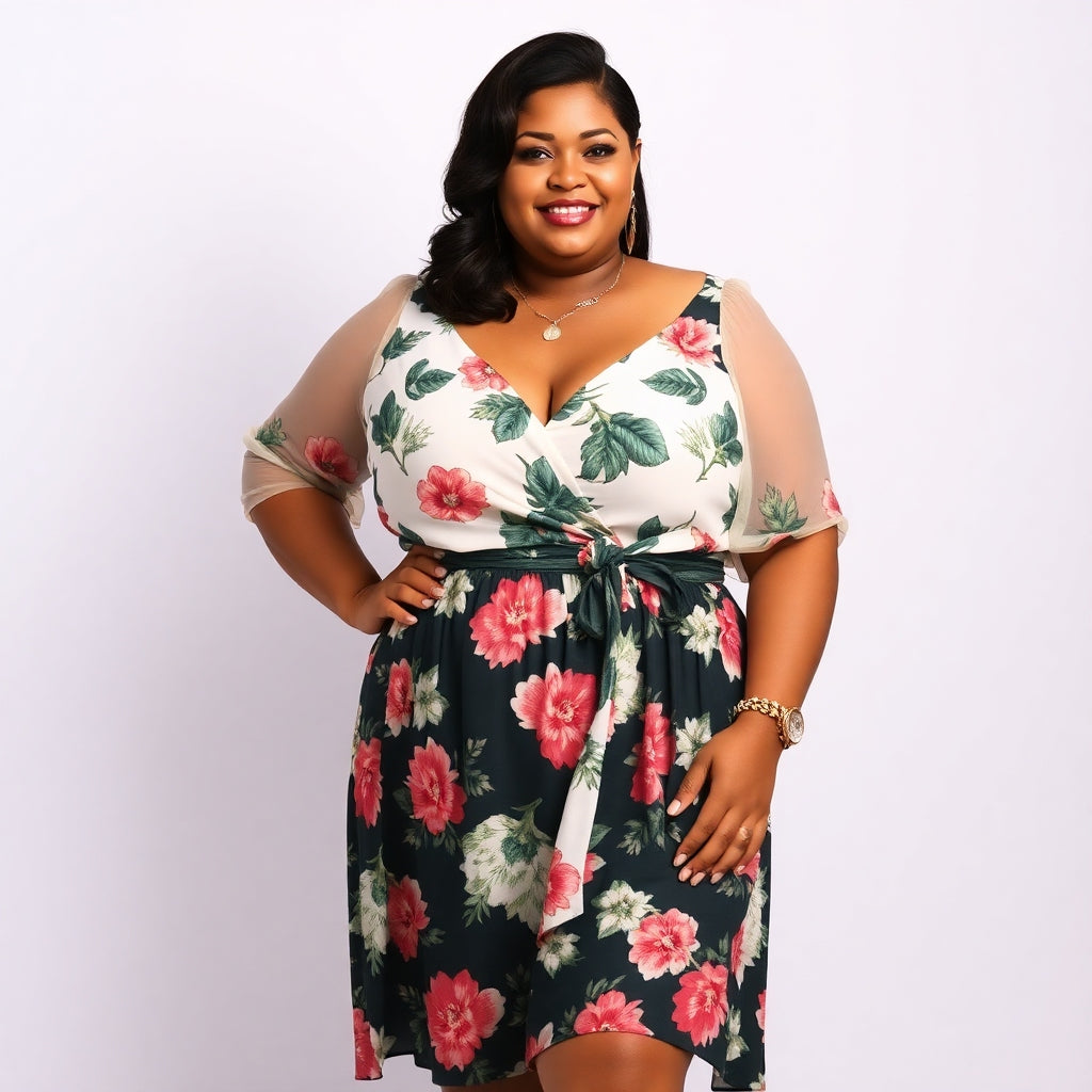 Black lady wearing a flowery dress 