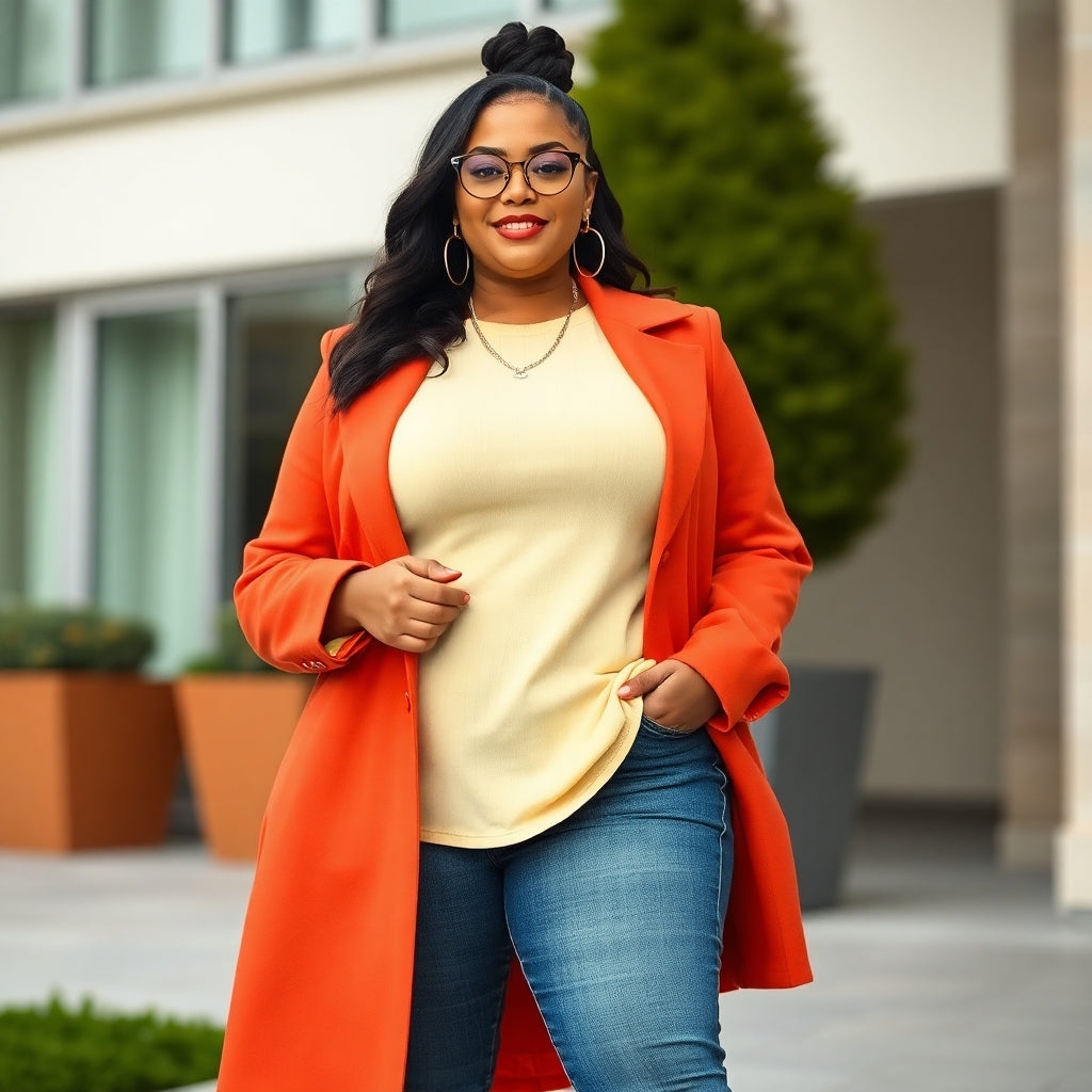 A Black woman in a orange coat and yellow shirt walking out of a building
