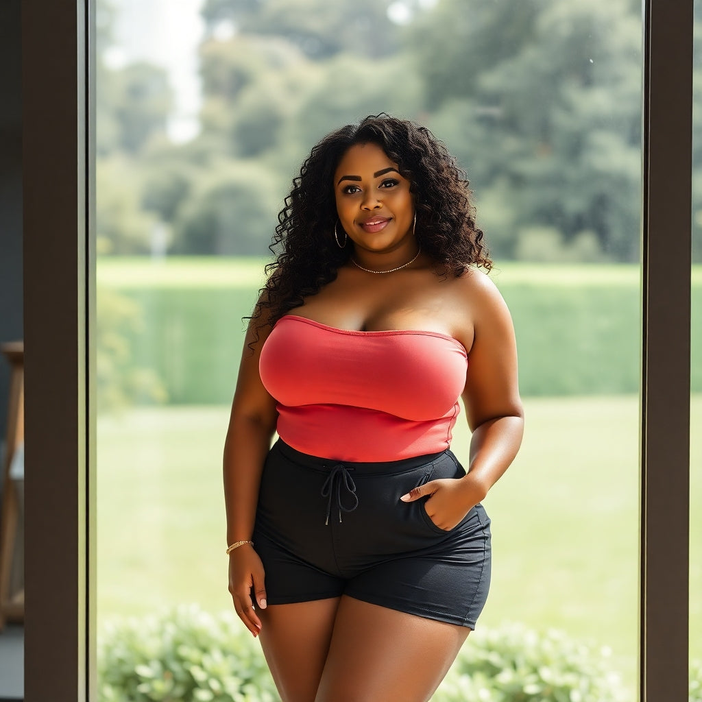 A beautiful black woman standing in front of a glass door in shorts and tube top