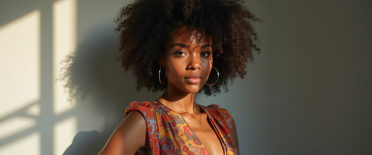 A picture of a fashion forward black woman standing by a wall