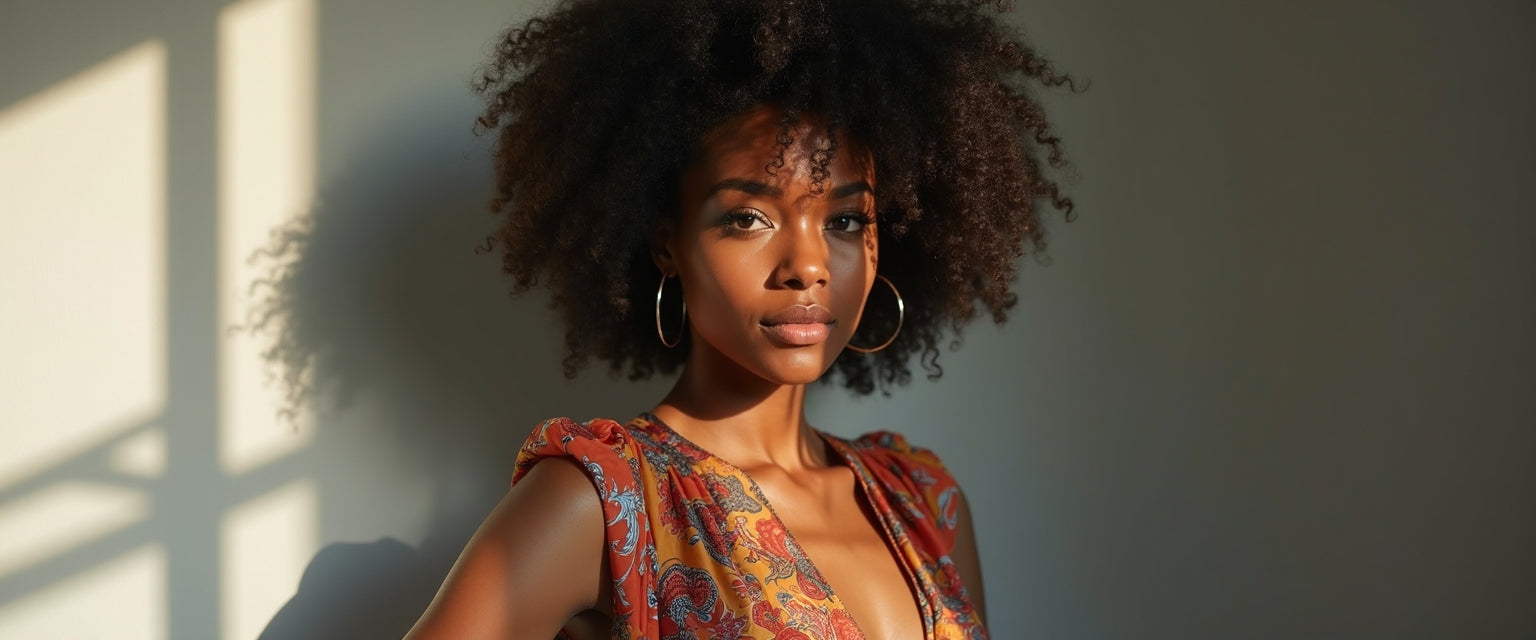 A picture of a fashion forward black woman standing by a wall