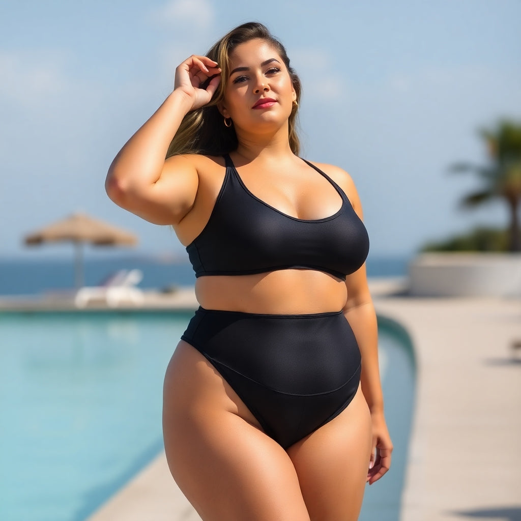  A plus size woman at the side of a pool in a black two piece swimsuit 