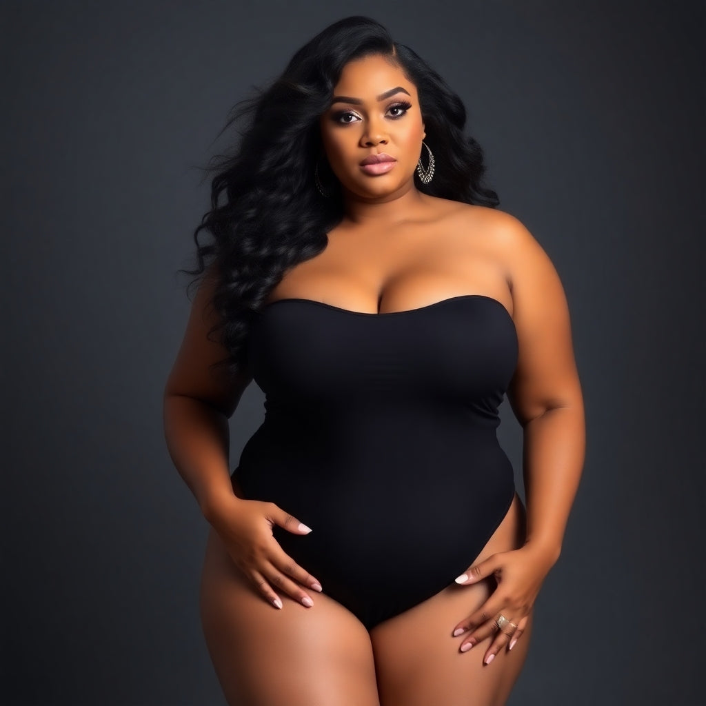 A beautiful black lady with long black hair wearing a black bodysuit