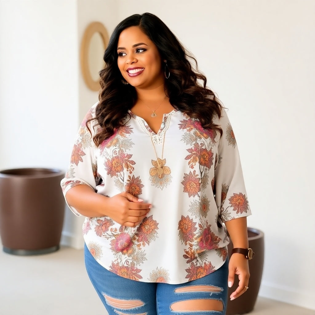  Black woman an office wearing a blouse with flowers on it and blue rip jeans