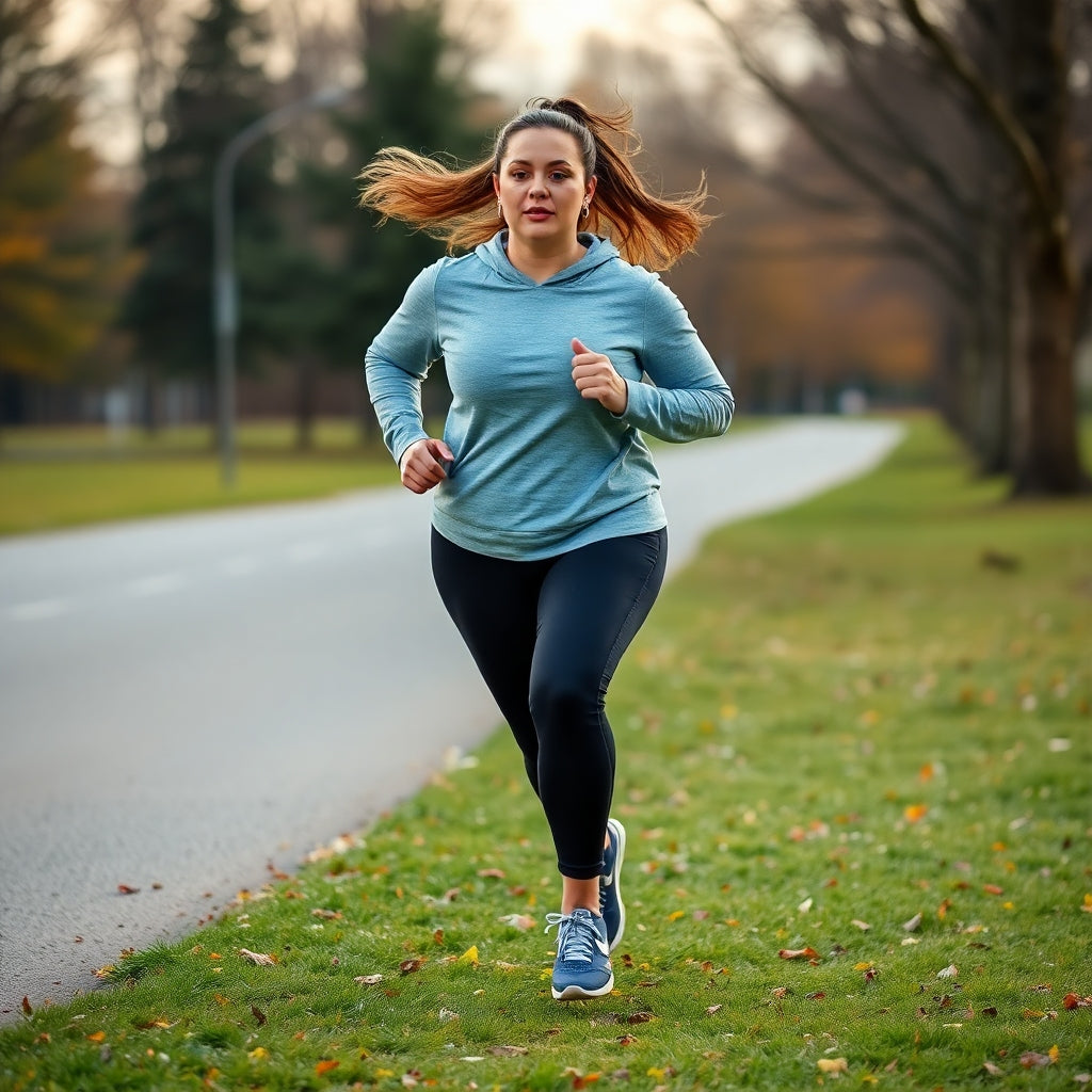 A woman in activewear jogging on the side of the road