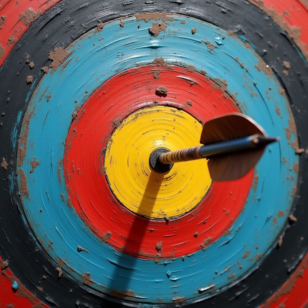 A picture of a bullseye with an arrow in the center