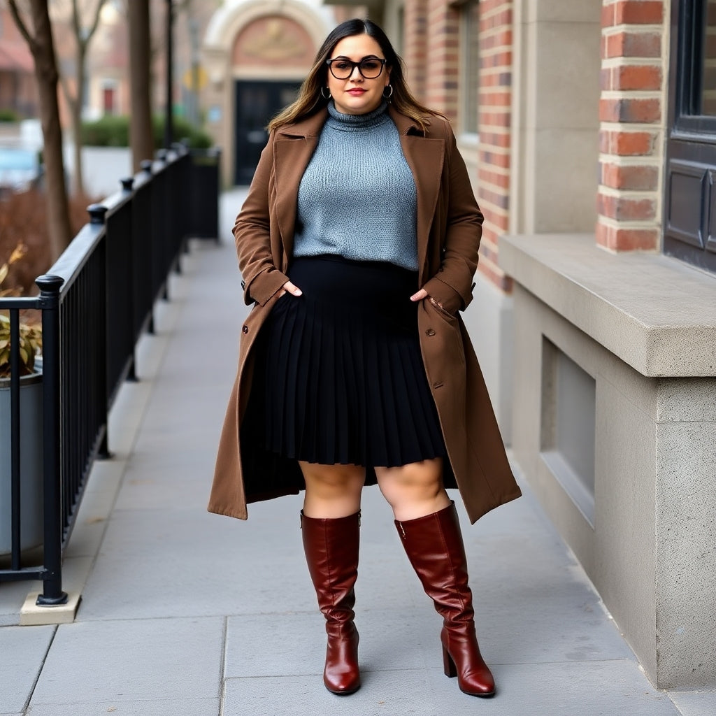 A woman wearing a brown trench coat and brown boots gray sweater and black skirt