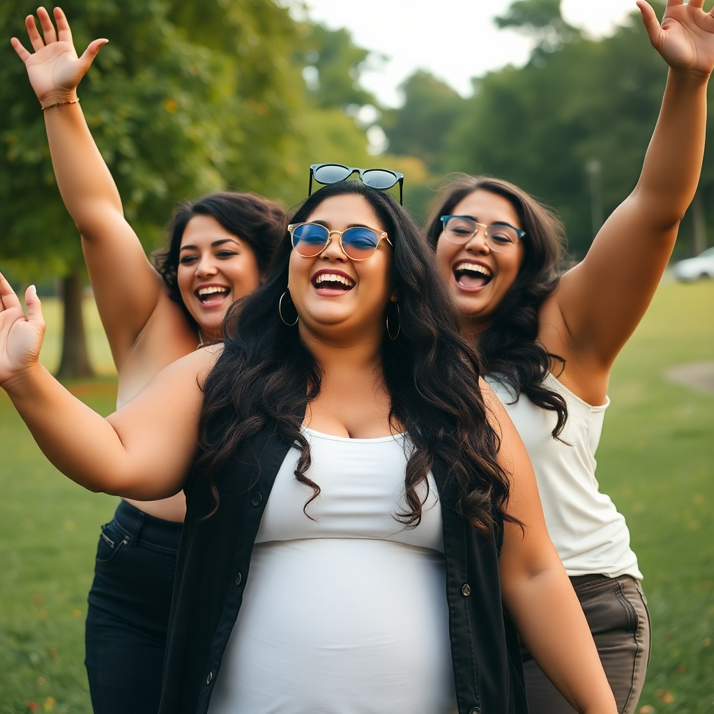 Three women celebrating in a park in summer