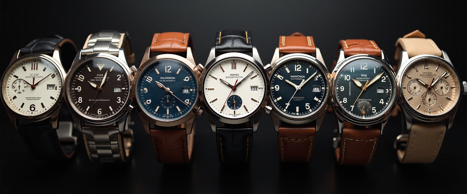 Several watches are lined up in a row the first two have silver bands the others have leather bands