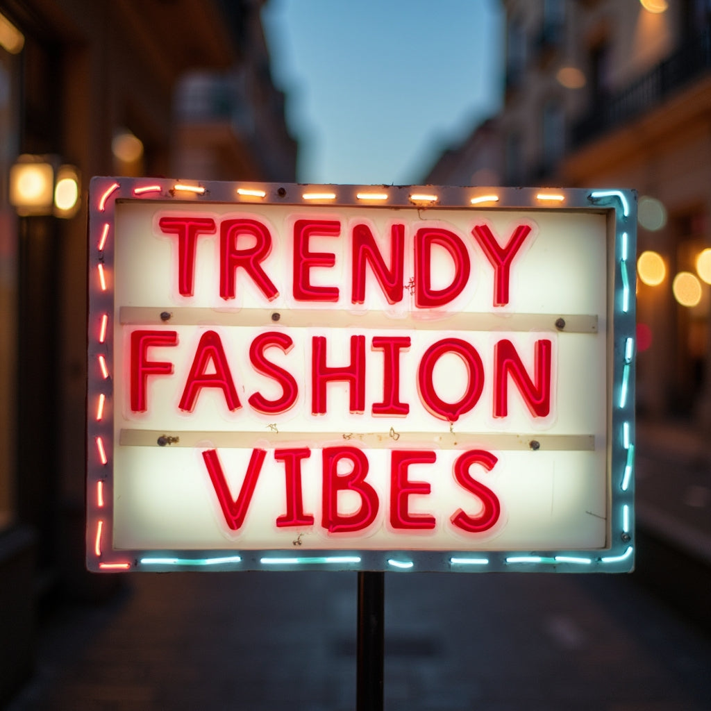 Picture of a sign on a street that says trendy fashion vibes