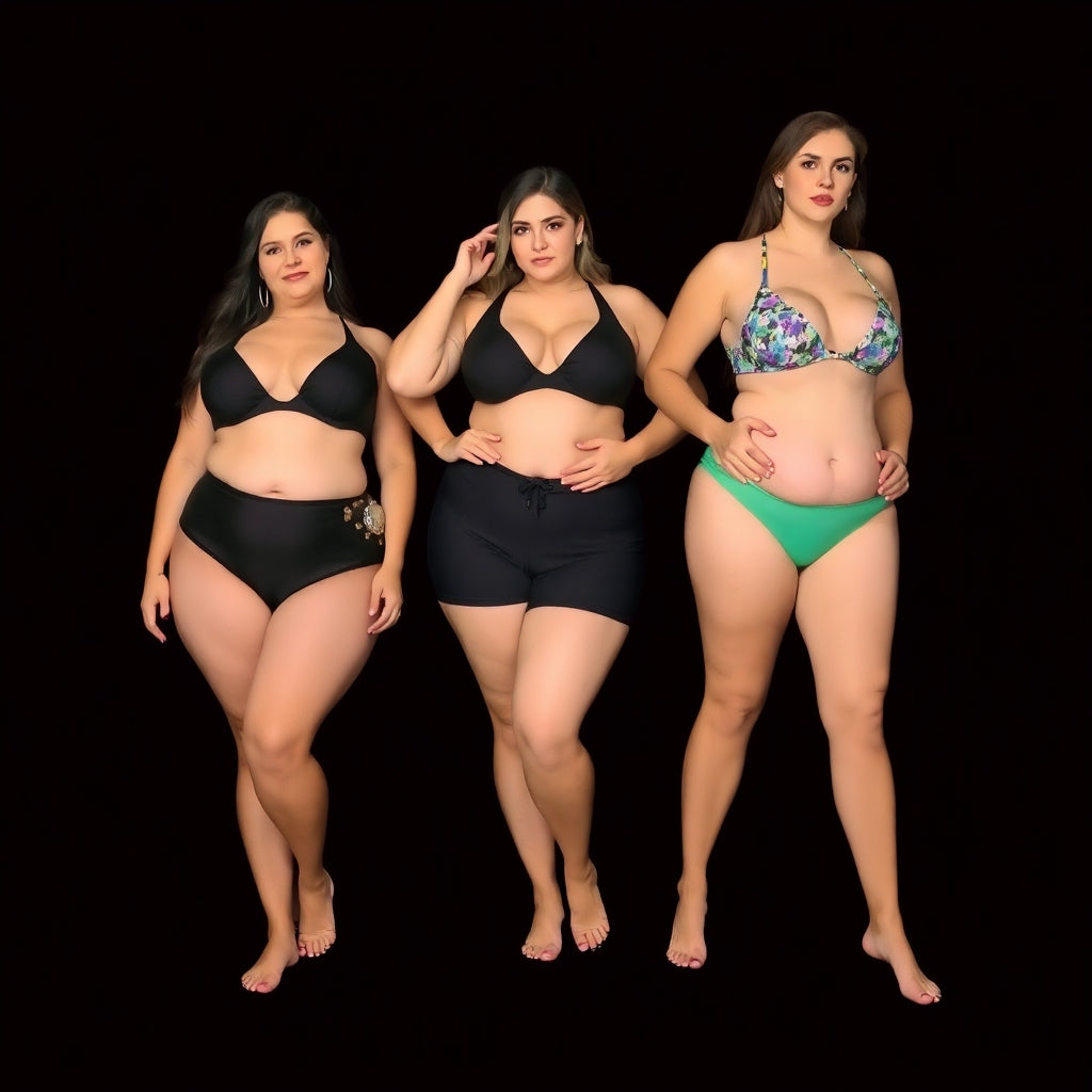 A picture of three plus size women wearing different styles of swimwear