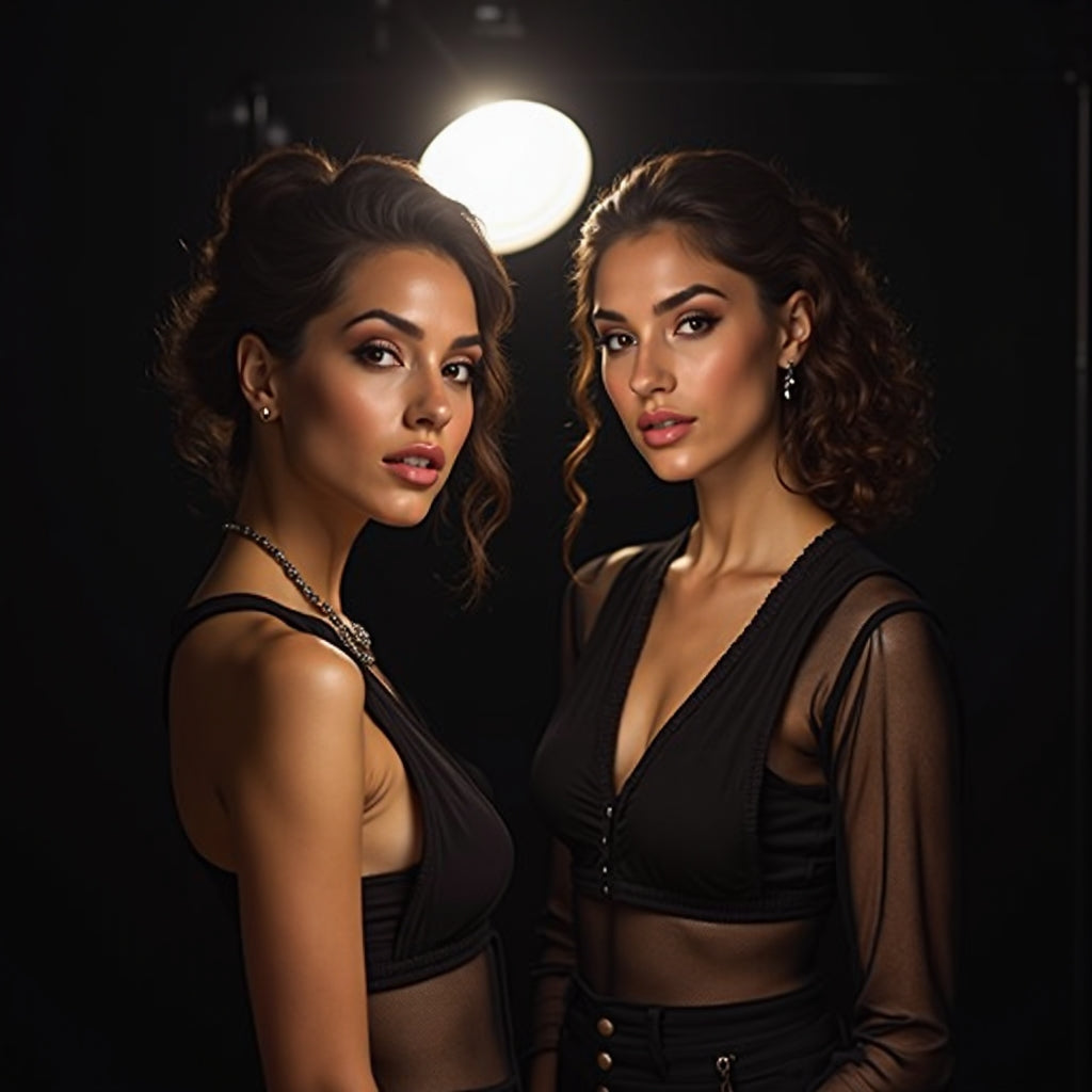 A picture of two women wearing black clothing with a spot light shining on them