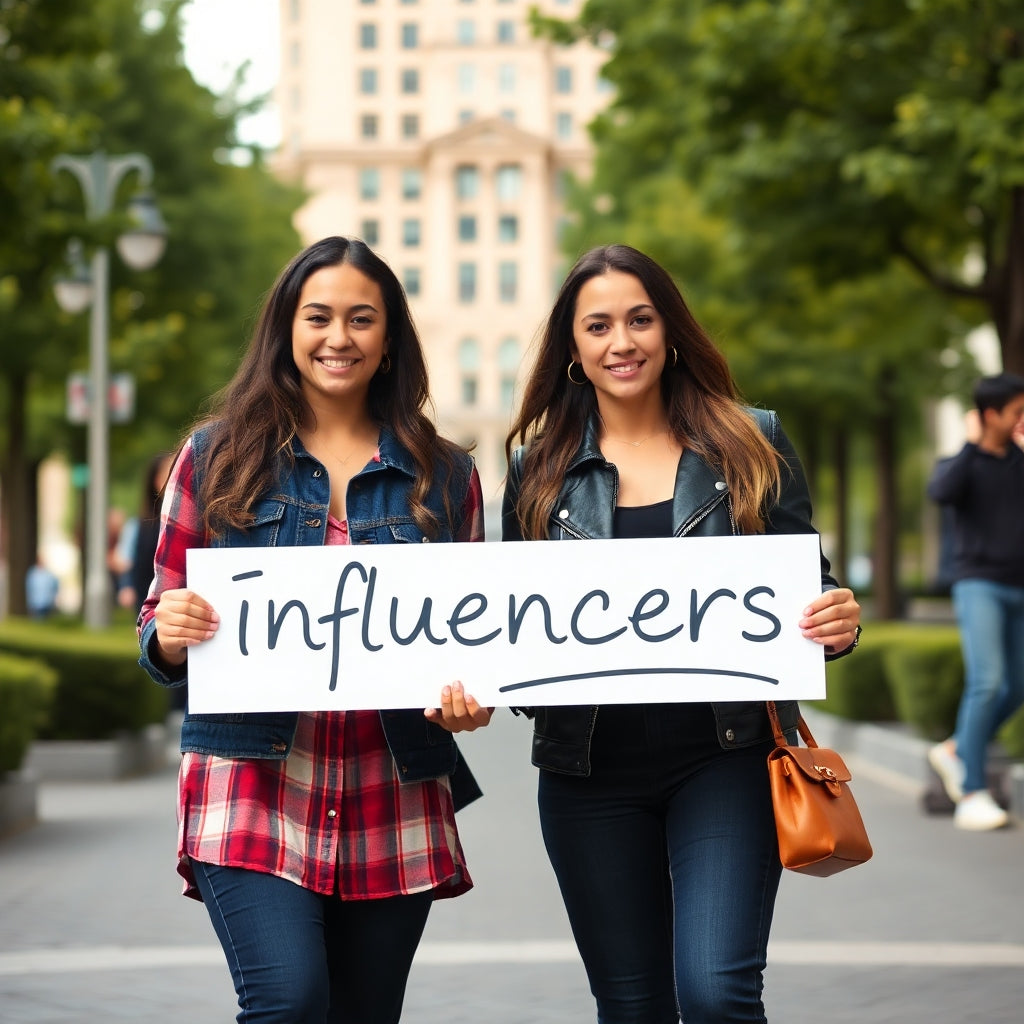 Two young ladies holding up a sign that reads influencers 