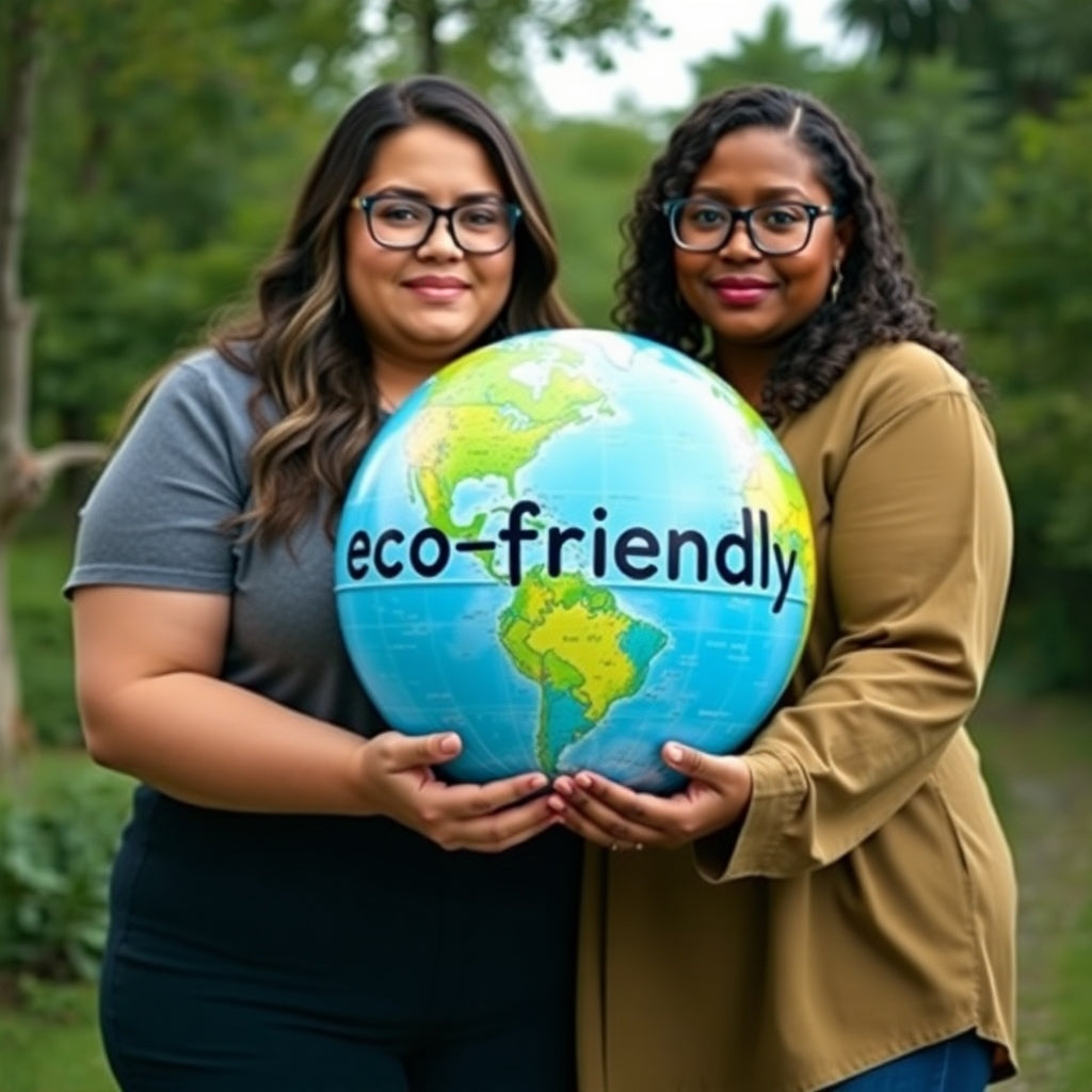 Two women holding a globe with the word eco friendly written on it
