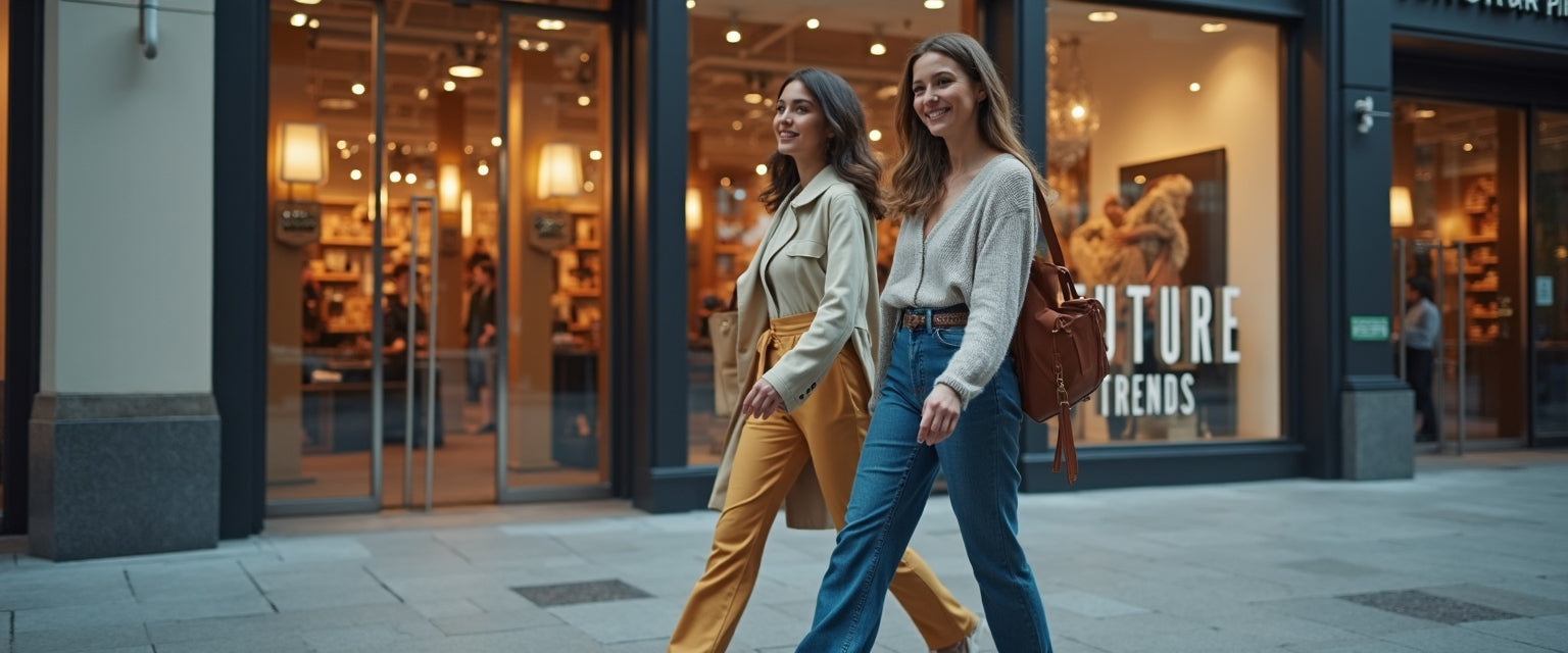 Two women walking pass a department store