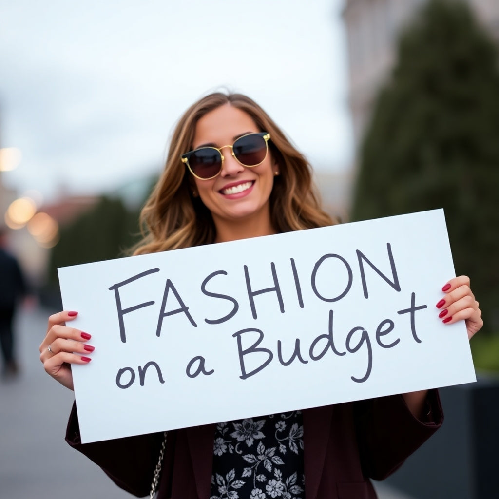 A woman wearing sunglasses holding up a sign that reads Fashion on a Budget