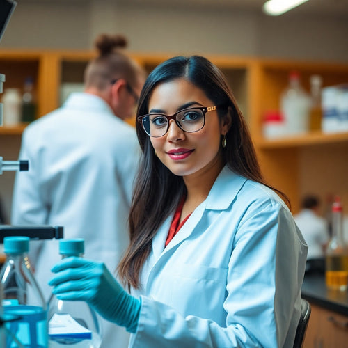 young woman in a lab holding a flask with a chemical in it